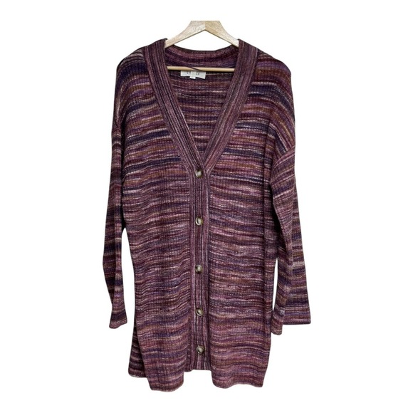 L*Space XS/S Button Down Knit Cardigan Duster Sweater Plum Purple Striped - Picture 3 of 9
